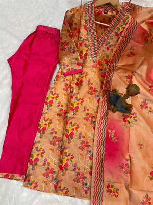 Zarna Silk Embroidered Straight Kurti Set – Peach Pink