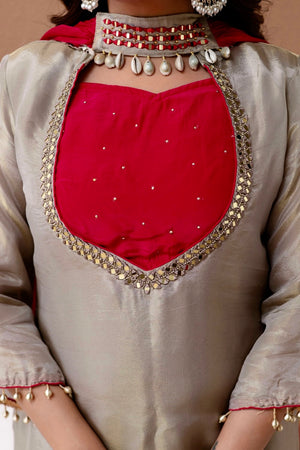 Roman Glass Silk Embroidered Kurti + Blouse + Palazzo Set – Ivory & Rani Pink