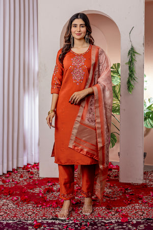 Viscose Silk Embroidered Straight Kurti Set – Orange