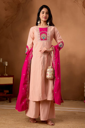Roman Silk Embroidered Anarkali Kurti Set – Peach