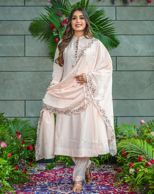 Muslin Cotton Embroidered Kurta Pant Dupatta Set – Ivory