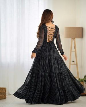 Georgette Printed Gown Set – Black