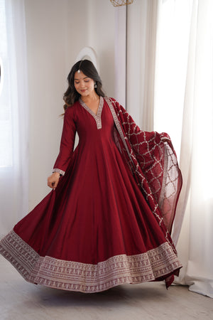 Vichitra Silk Embroidered Gown Set – Maroon
