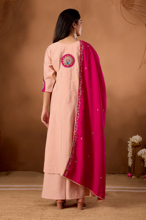 Roman Silk Embroidered Anarkali Kurti Set – Peach