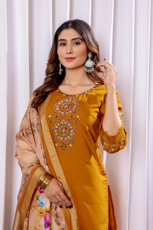 Viscose Silk Embroidered Straight Kurti Set – Mustard