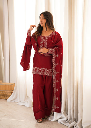 Glass Roman Silk Embroidered Kurta-Farshi Set – Maroon