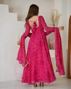 Soft Lightweight Chiffon Bandhej Fabric Inner Micro Cotton Embroidered Anarkali Set – Pink