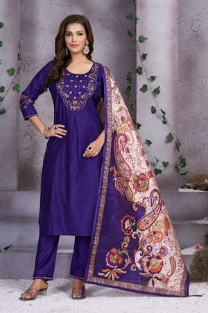 Premium Marina Silk Embroidered Straight Kurti Set – Violet
