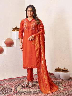Roman Silk Embroidered Straight Kurti Set – Rust