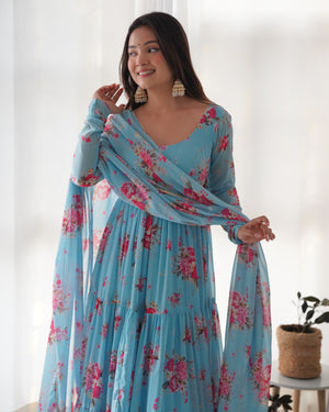 Georgette Printed Anarkali Set – Blue