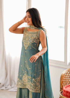 Fendy Silk Embroidered Sharara Set – Slate Blue