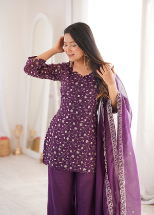 Crunchy Silk Embroidered Bell Bottom Set – Wine