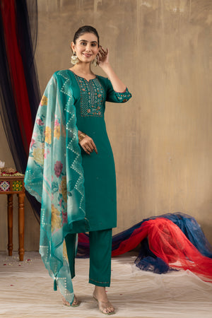 Roman Silk Embroidered Straight Kurti Set – Rama Green