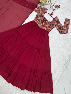 Georgette Embroidered Anarkali Set – Wine