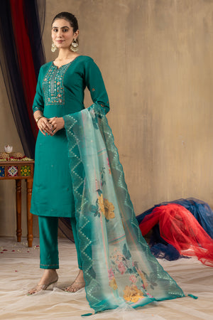 Roman Silk Embroidered Straight Kurti Set – Rama Green