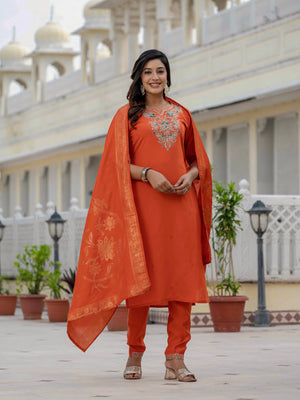 Premium Roman Silk Embroidered Straight Kurti Set – Orange