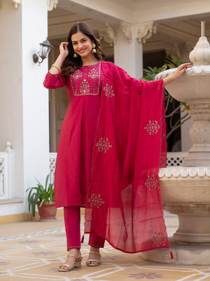Pure Viscose Mango Silk Embroidered Straight Kurti Set – Pink