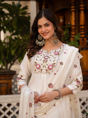 Pure Viscose Mango Silk Embroidered Straight Kurti Set – White