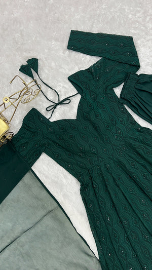 Georgette Embroidered Anarkali Set – Bottle Green