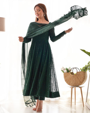 Georgette Embroidered Anarkali Set – Bottle Green
