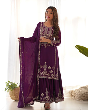 Chinon Silk Embroidered Kurta-Sharara Set – Purple