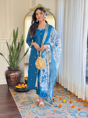 Roman Silk Embroidered Kurta Pant Dupatta Set – Sky Blue