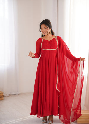 Georgette Embroidered Gown Set – Red