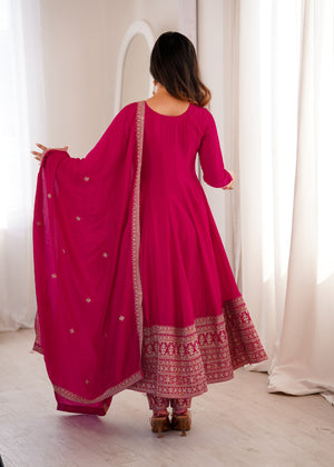 Vichitra Silk Embroidered Anarkali Set – Rani Pink