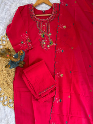 Roman Silk Embroidered Straight Kurti Set – Red