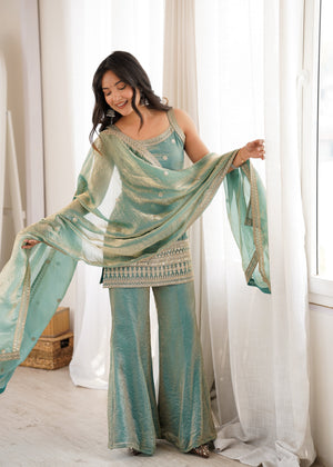 Frendy Silk Embroidered Bell Bottom Set – Sea Green
