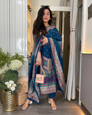 Rayon Printed Kurta Pant Dupatta Set – Navy Blue