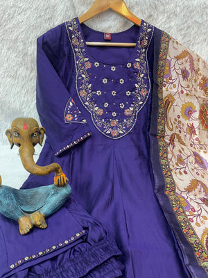 Premium Marina Silk Embroidered Straight Kurti Set – Violet
