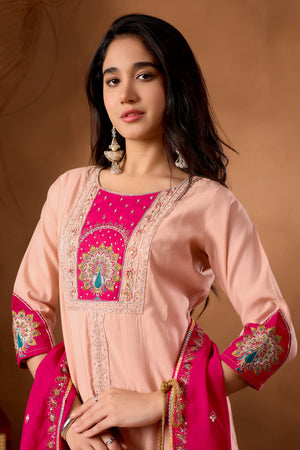 Roman Silk Embroidered Anarkali Kurti Set – Peach
