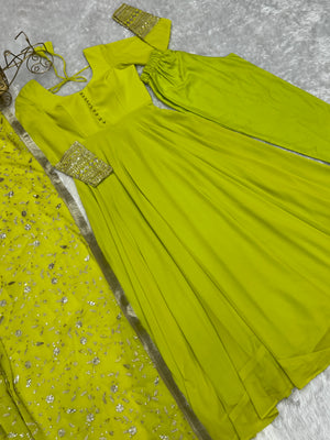 Georgette Embroidered Gown Set – Lemon Green