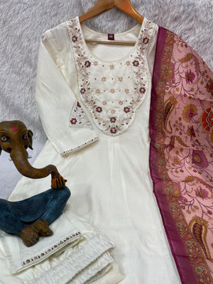 Premium Marina Silk Embroidered Straight Kurti Set – White