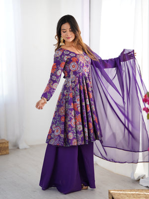 Roman Chanderi Silk Printed Kurta-Palazzo Set – Purple