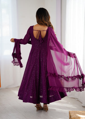 Georgette Embroidered Anarkali Set – Wine