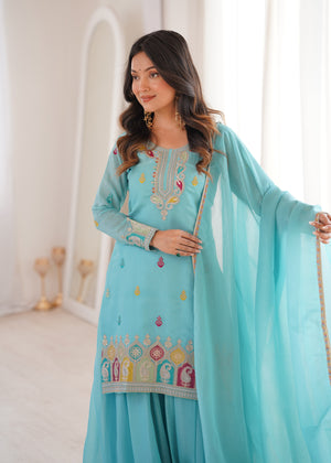Crunchy Silk Embroidered Kurta-Sharara Set – Sky Blue