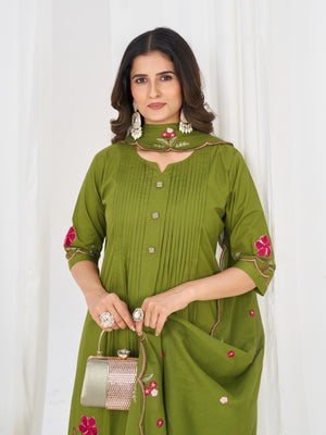 Pure Cotton Embroidered Anarkali Kurti Set – Green