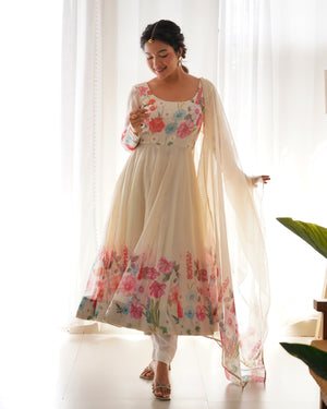 Organza Silk Printed Anarkali Set – Cream