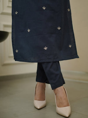 Rayon Slub Embroidered Kurta Pant Dupatta Set – Navy Blue