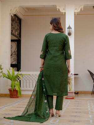 Pure Viscose Mango Silk Embroidered Straight Kurti Set – Green