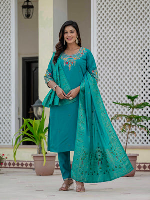 Premium Roman Silk Embroidered Straight Kurti Set – Firozi