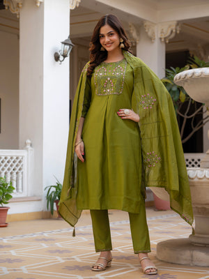 Pure Viscose Mango Silk Embroidered Straight Kurti Set – Mhendi Green