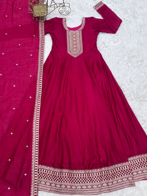 Vichitra Silk Embroidered Gown Set – Dark Pink