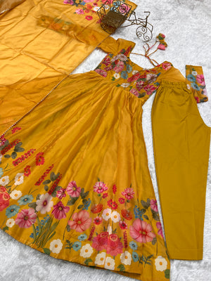 Organza Silk Printed Anarkali Set – Yellow