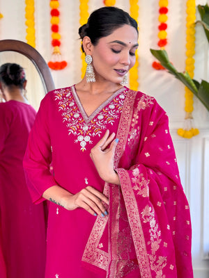 Viscose Chanderi Embroidered Kurta Pant Dupatta Set – Rani Pink