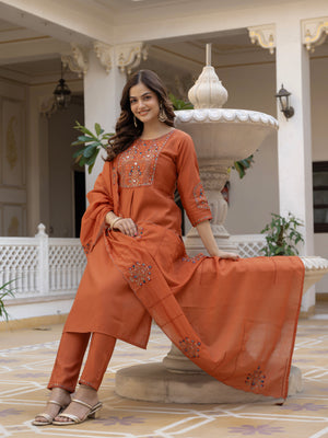 Pure Viscose Mango Silk Embroidered Straight Kurti Set – Rust