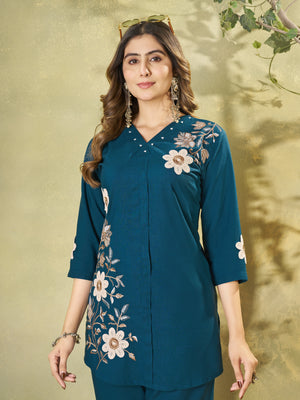 Heavy Rayon Embroidered Co-Ords Set – Morpich Blue