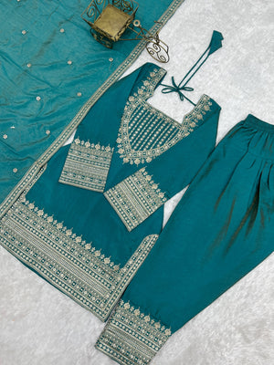 Vichitra Silk Embroidered Farshi Salwar Set – Sea Green